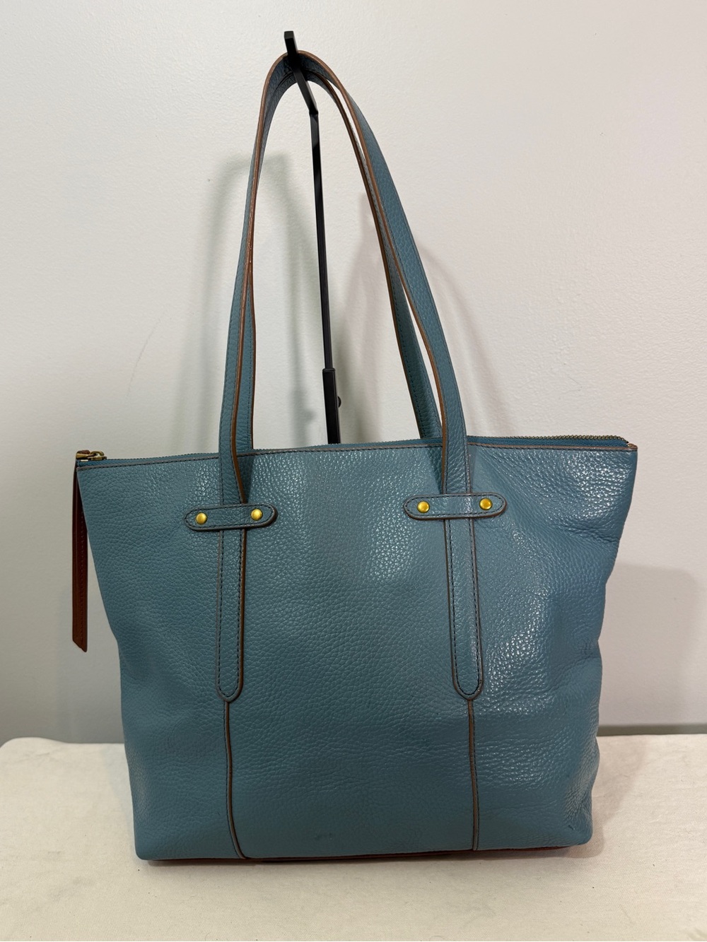 Fossil Felicity Pebbled Leather Tote in Teal Brown Trim